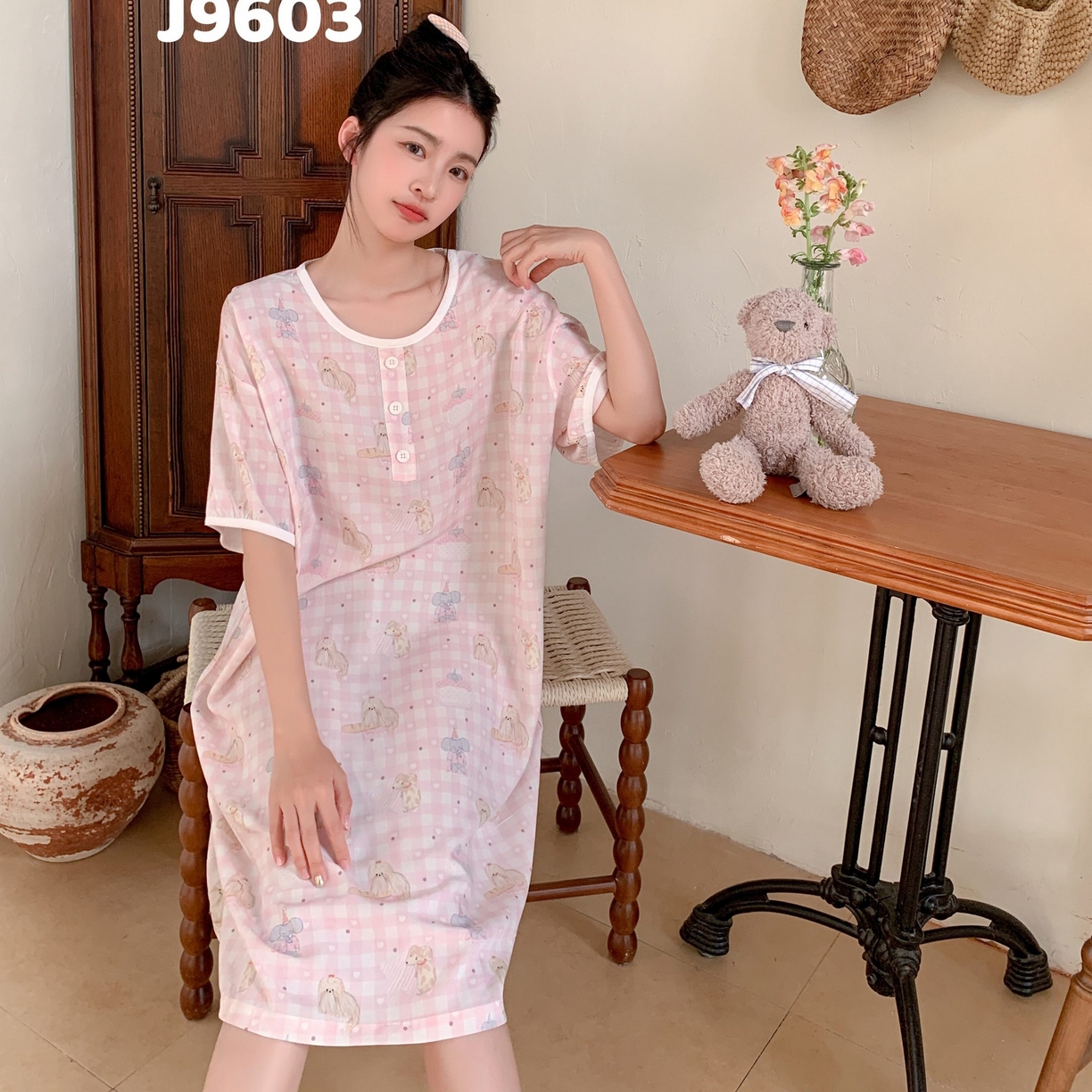 91家纺网 家纺一手货源 找家纺 妍景家居生活馆 2025新款仲夏午后懒人睡裙 粉格大象