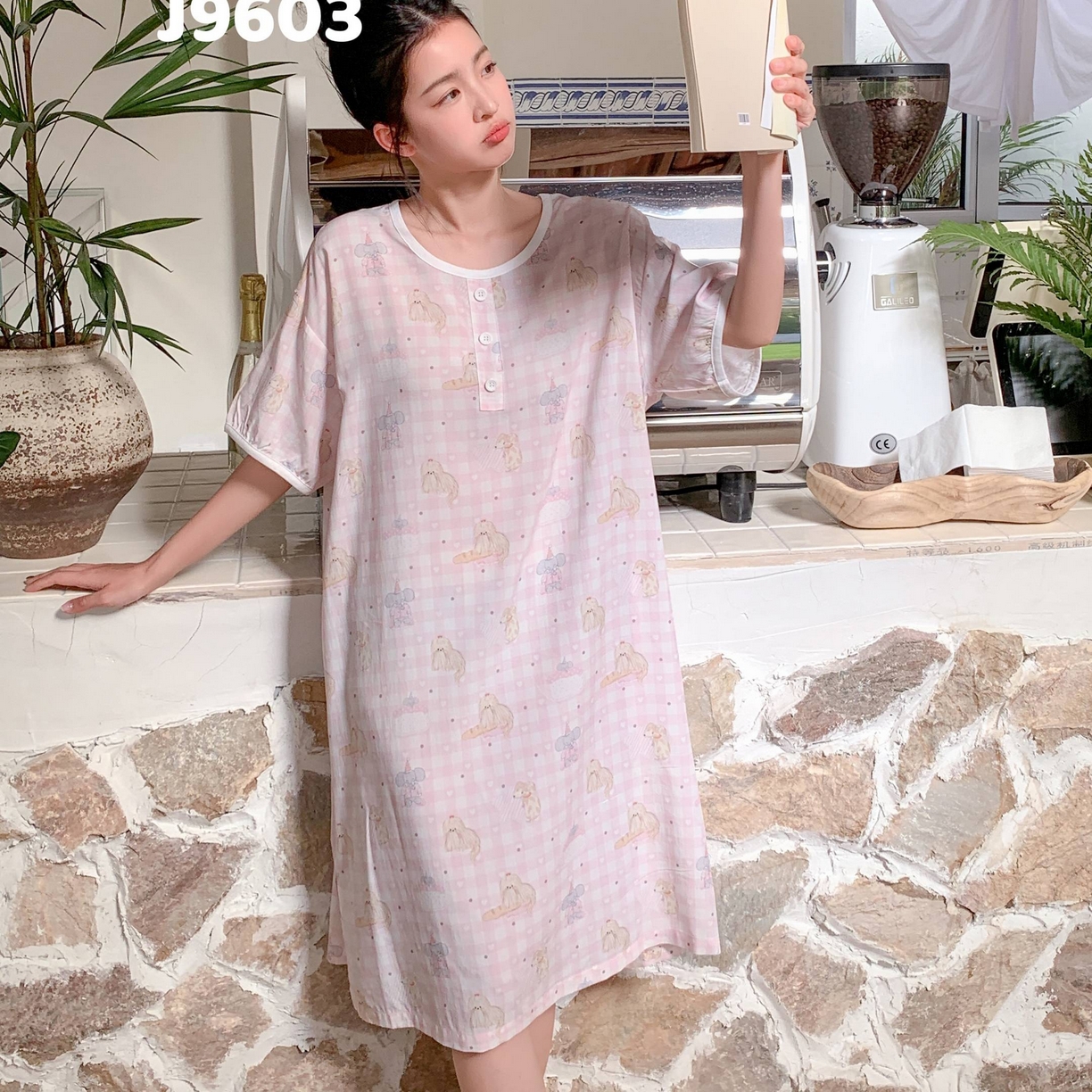 妍景家居生活馆 2025新款仲夏午后懒人睡裙 粉格大象