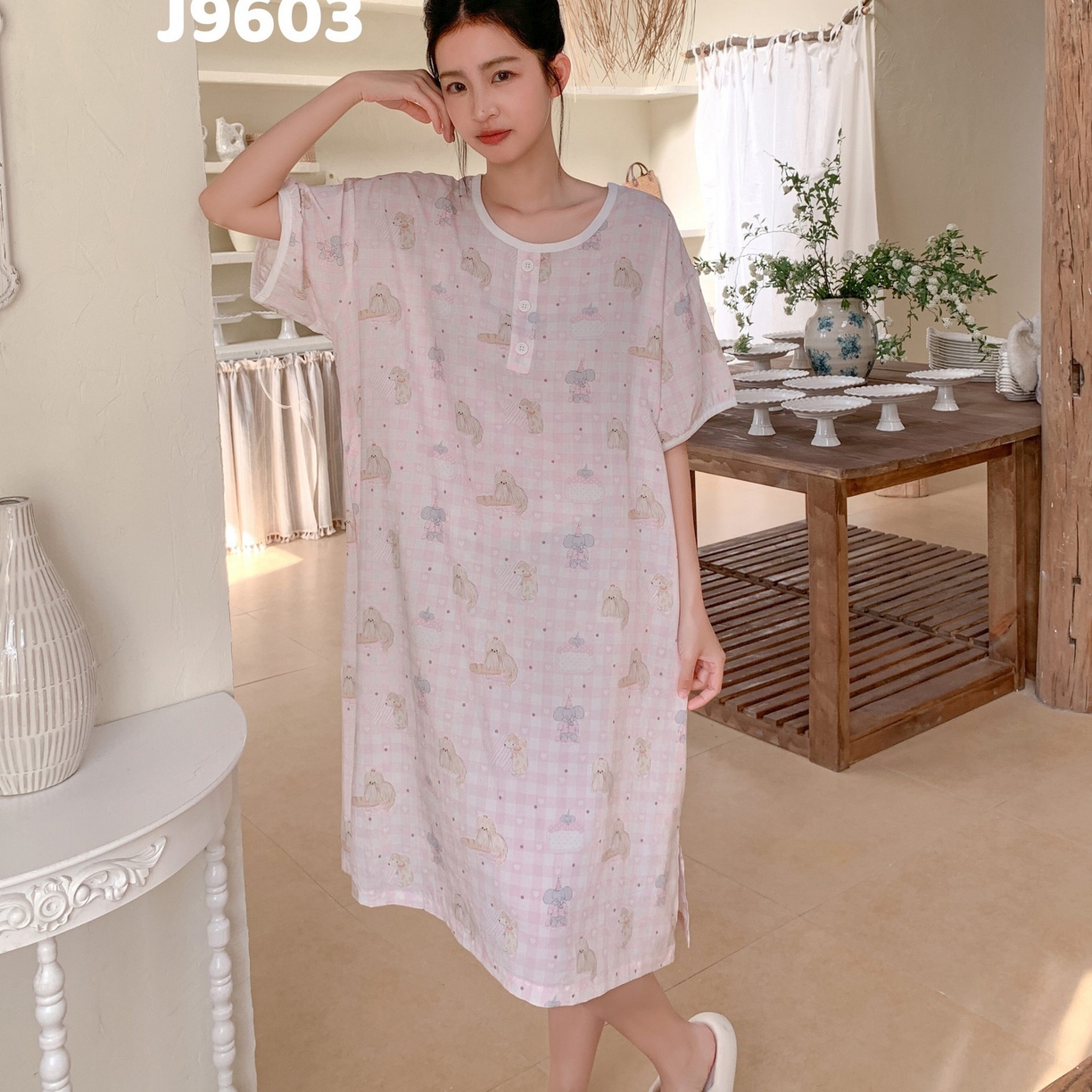 91家纺网 家纺一手货源 找家纺 妍景家居生活馆 2025新款仲夏午后懒人睡裙 粉格大象