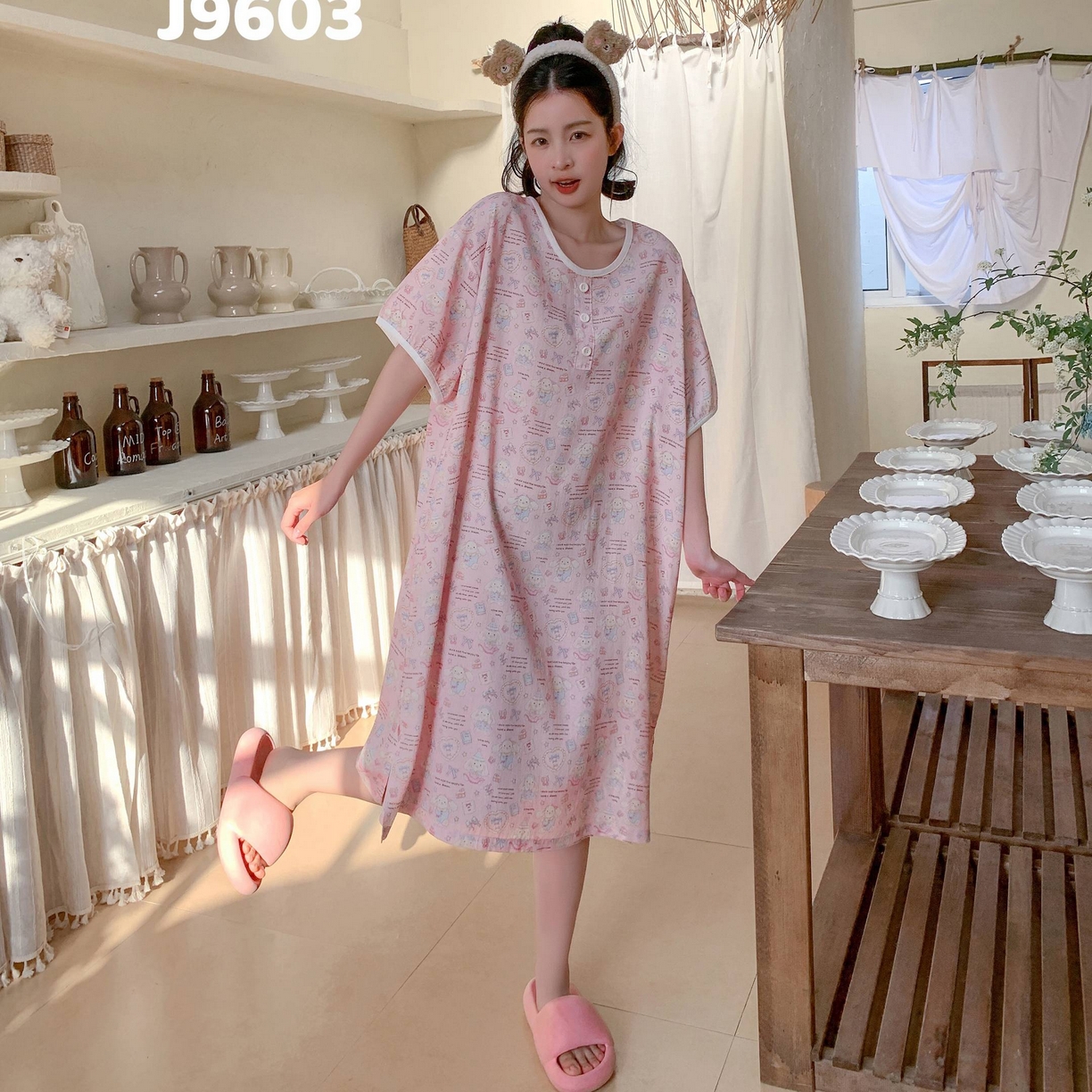 91家纺网 家纺一手货源 找家纺 妍景家居生活馆 2025新款仲夏午后懒人睡裙 粉色兔子
