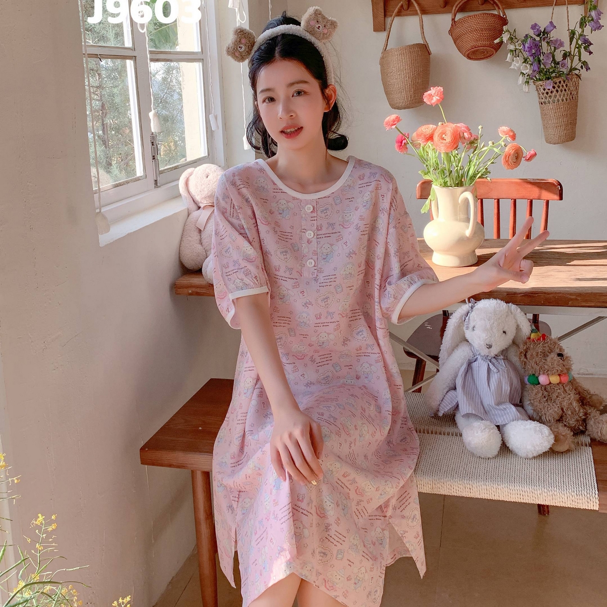 91家纺网 家纺一手货源 找家纺 妍景家居生活馆 2025新款仲夏午后懒人睡裙 粉色兔子