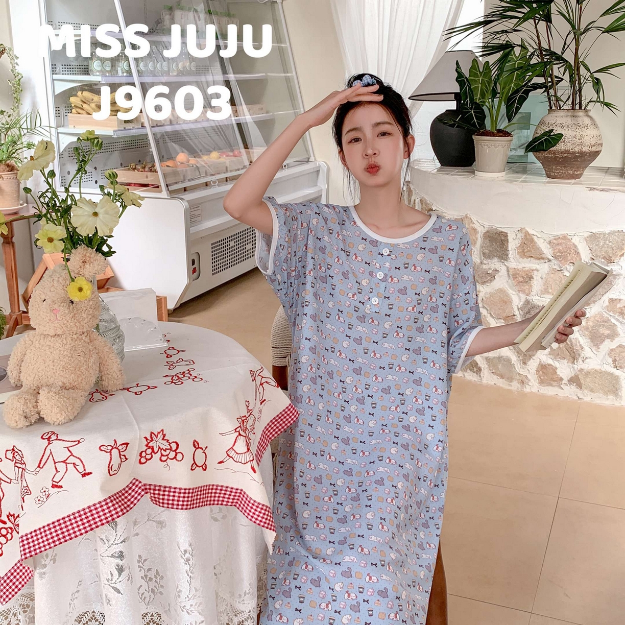 91家纺网 家纺一手货源 找家纺 妍景家居生活馆 2025新款仲夏午后懒人睡裙 蓝底狗狗