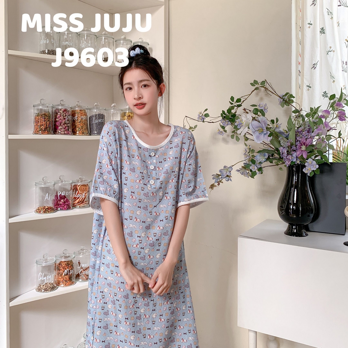 91家纺网 家纺一手货源 找家纺 妍景家居生活馆 2025新款仲夏午后懒人睡裙 蓝底狗狗