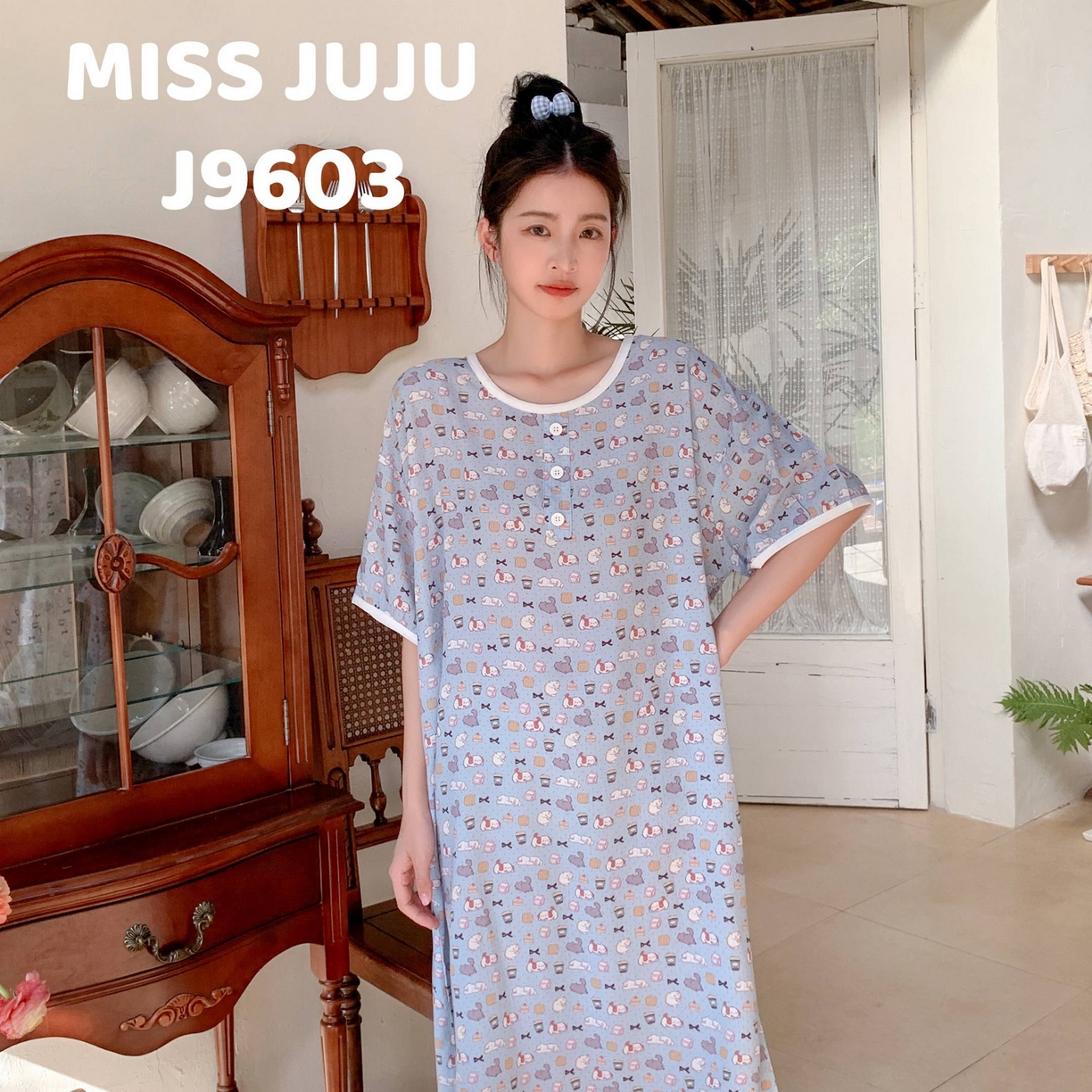 91家纺网 家纺一手货源 找家纺 妍景家居生活馆 2025新款仲夏午后懒人睡裙 蓝底狗狗