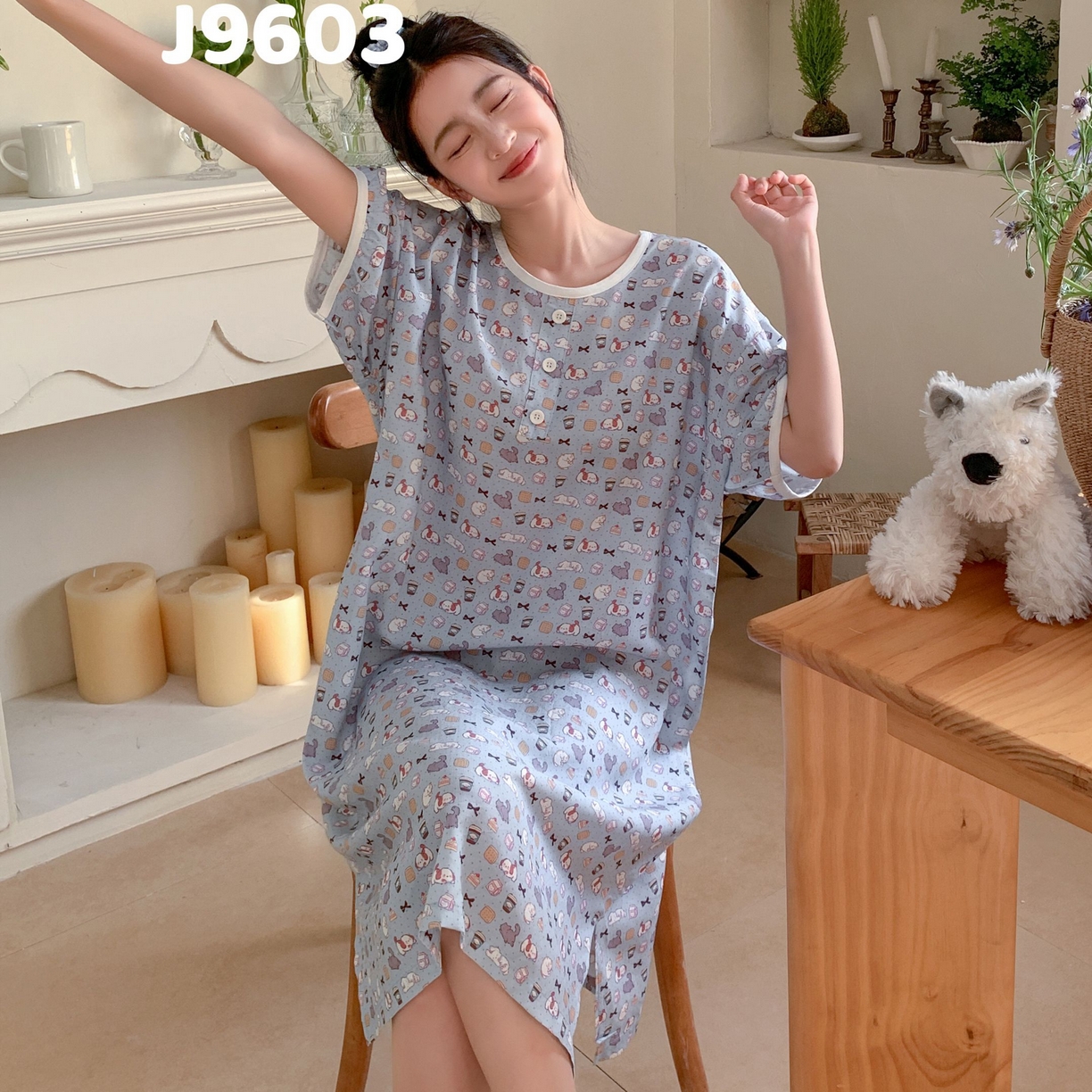 91家纺网 家纺一手货源 找家纺 妍景家居生活馆 2025新款仲夏午后懒人睡裙 蓝底狗狗