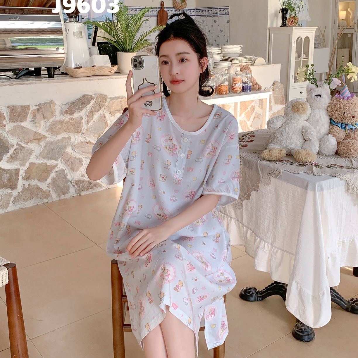 91家纺网 家纺一手货源 找家纺 妍景家居生活馆 2025新款仲夏午后懒人睡裙 蓝点小熊