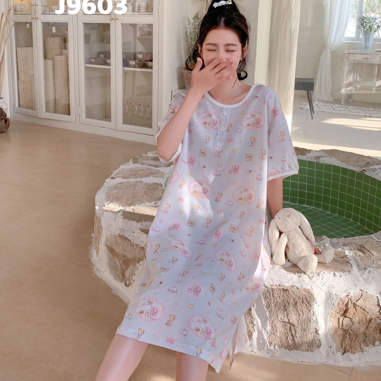 妍景家居生活馆 2025新款仲夏午后懒人睡裙 蓝点小熊