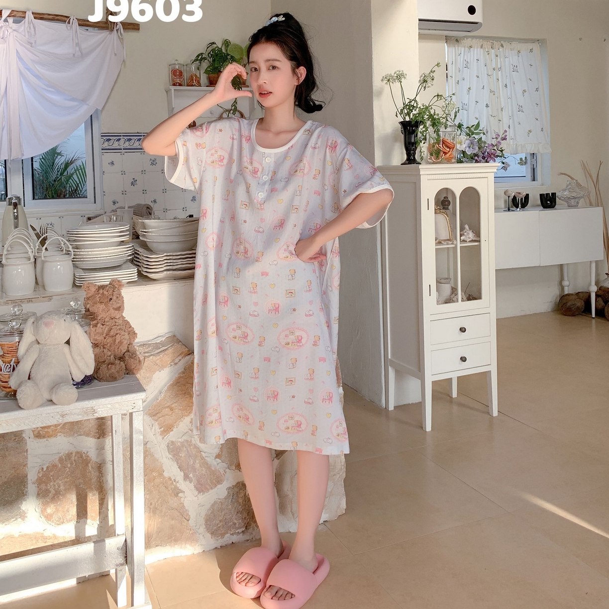 91家纺网 家纺一手货源 找家纺 妍景家居生活馆 2025新款仲夏午后懒人睡裙 蓝点小熊