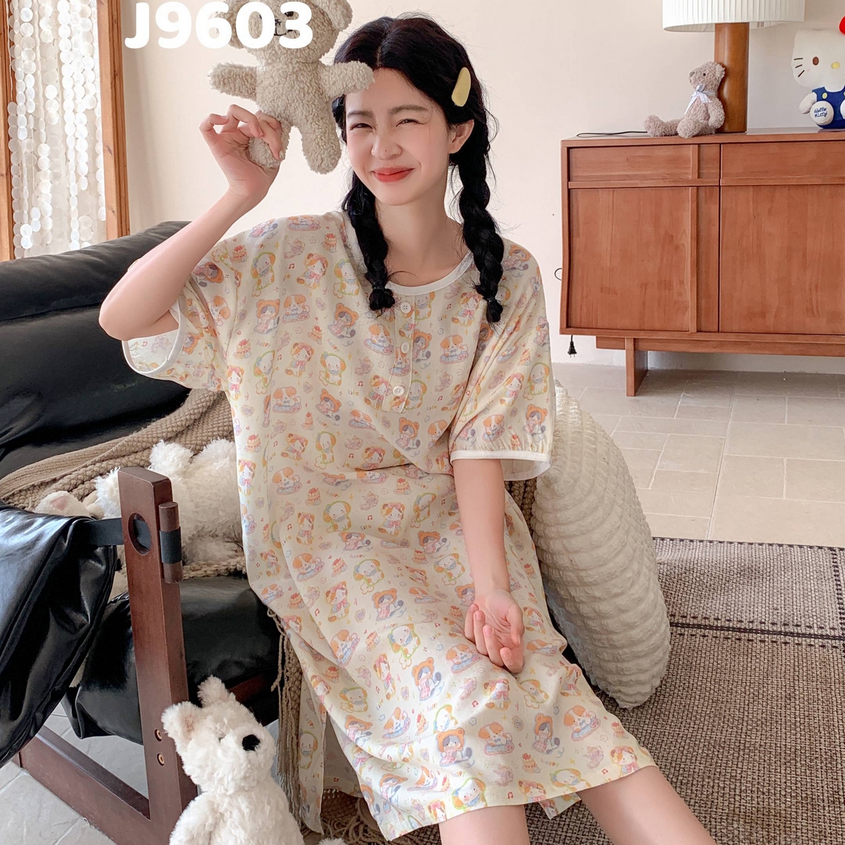 91家纺网 家纺一手货源 找家纺 妍景家居生活馆 2025新款仲夏午后懒人睡裙 五彩小猫狗