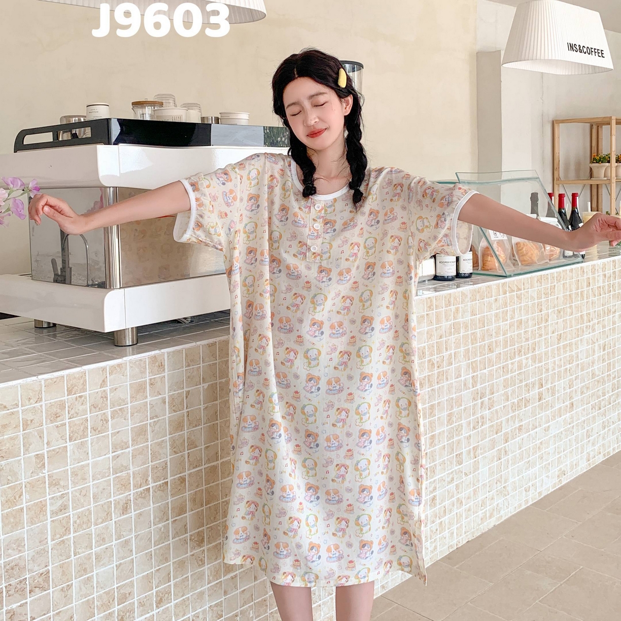 91家纺网 家纺一手货源 找家纺 妍景家居生活馆 2025新款仲夏午后懒人睡裙 五彩小猫狗