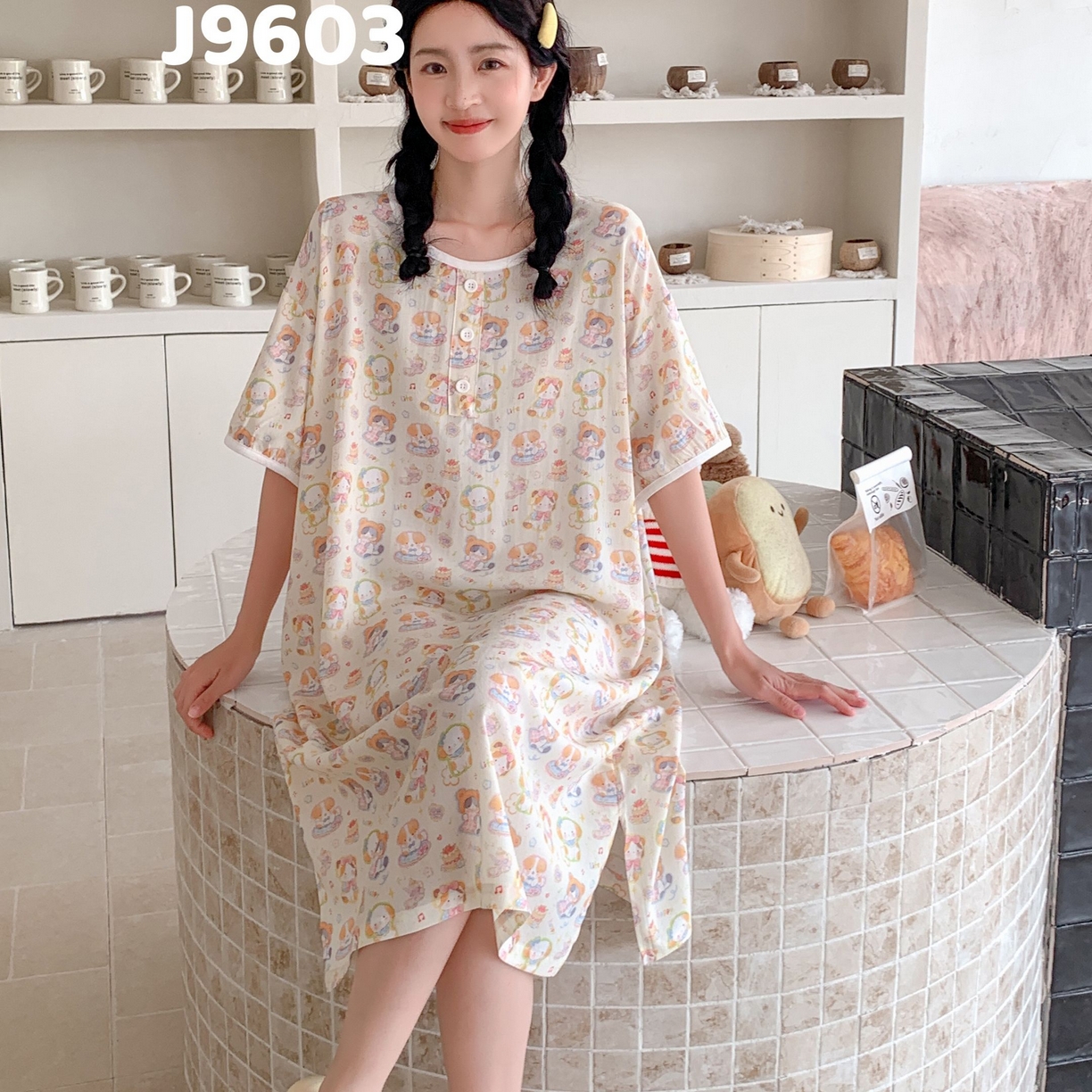 91家纺网 家纺一手货源 找家纺 妍景家居生活馆 2025新款仲夏午后懒人睡裙 五彩小猫狗