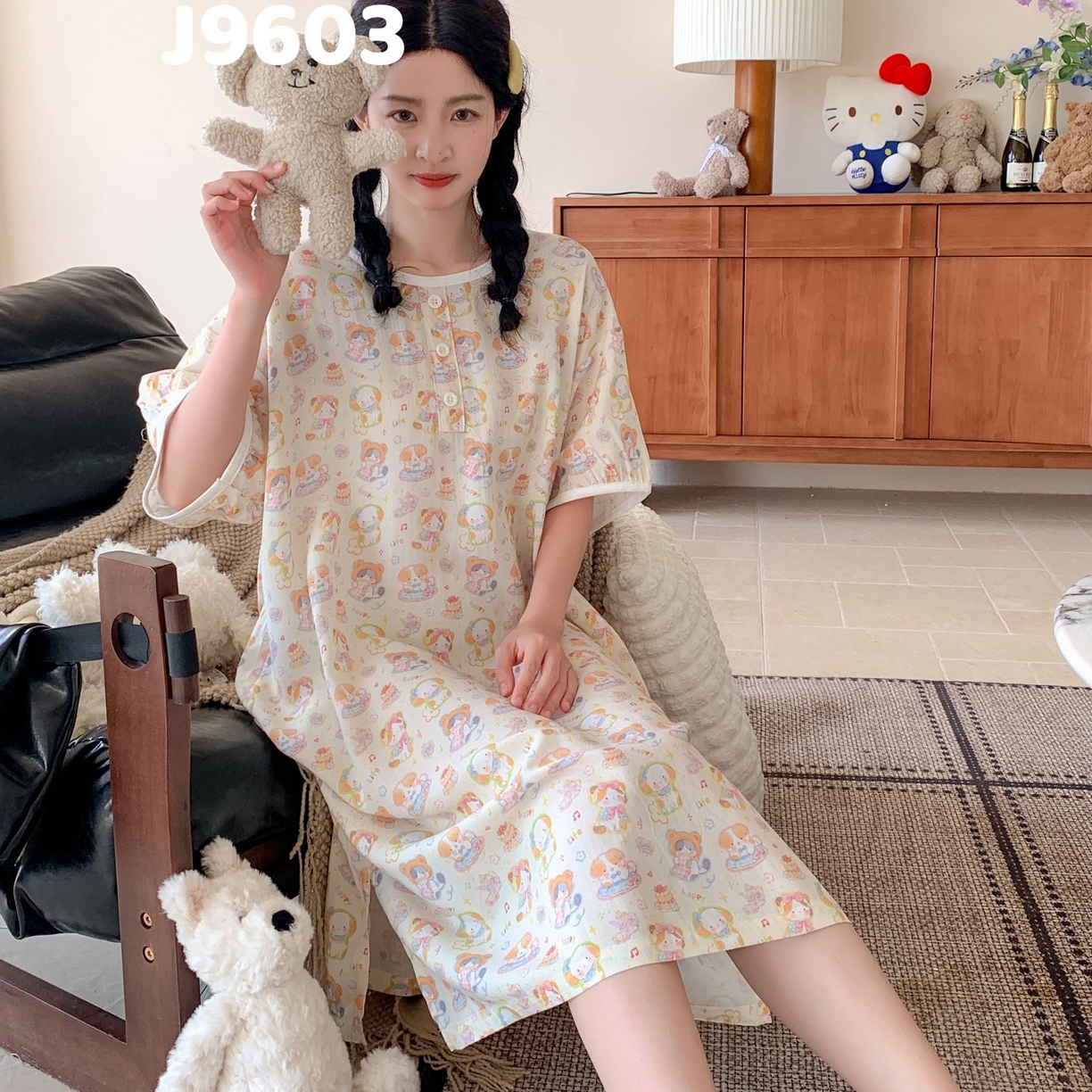 91家纺网 家纺一手货源 找家纺 妍景家居生活馆 2025新款仲夏午后懒人睡裙 五彩小猫狗