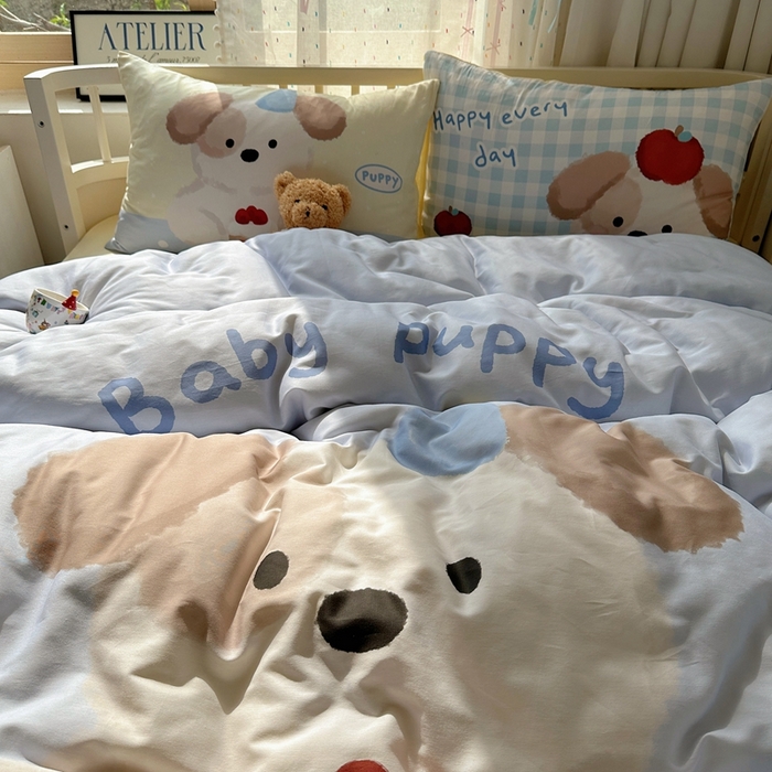 91家纺网 家纺一手货源 找家纺 美乐迪家纺 2025新款大版全棉套件四件套 蛋糕小狗