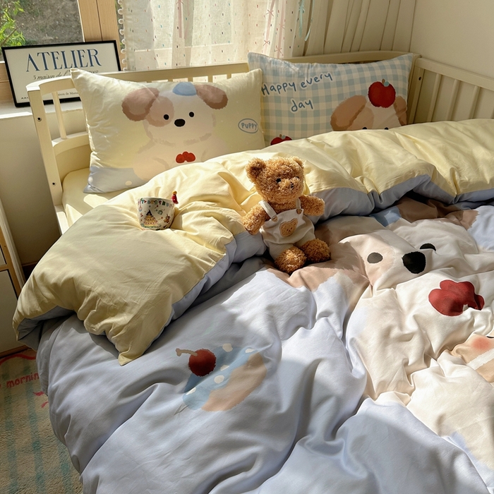 91家纺网 家纺一手货源 找家纺 美乐迪家纺 2025新款大版全棉套件四件套 蛋糕小狗