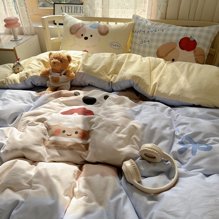 91家纺网 家纺一手货源 找家纺 美乐迪家纺 2025新款大版全棉套件四件套 蛋糕小狗