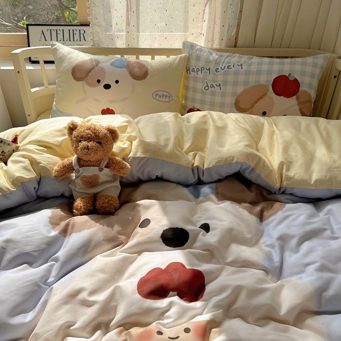 91家纺网 家纺一手货源 找家纺 美乐迪家纺 2025新款大版全棉套件四件套 蛋糕小狗