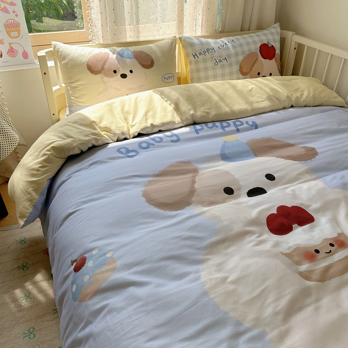 91家纺网 家纺一手货源 找家纺 美乐迪家纺 2025新款大版全棉套件四件套 蛋糕小狗