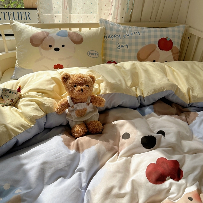 91家纺网 家纺一手货源 找家纺 美乐迪家纺 2025新款大版全棉套件四件套 蛋糕小狗