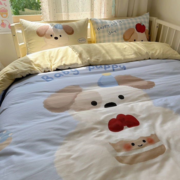 91家纺网 家纺一手货源 找家纺 美乐迪家纺 2025新款大版全棉套件四件套 蛋糕小狗