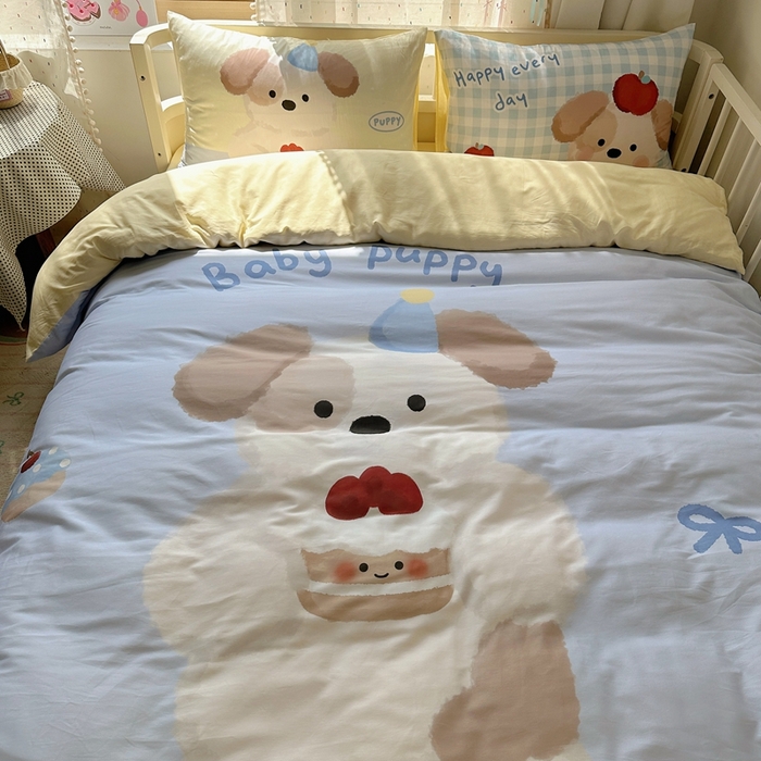 91家纺网 家纺一手货源 找家纺 美乐迪家纺 2025新款大版全棉套件四件套 蛋糕小狗