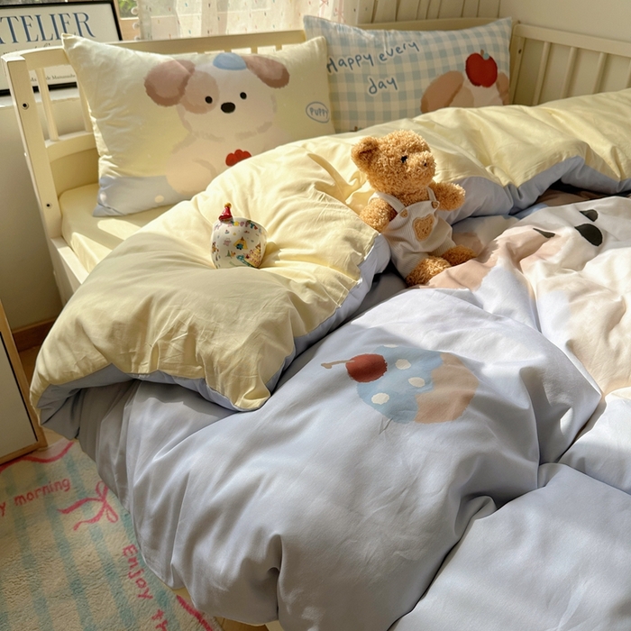 91家纺网 家纺一手货源 找家纺 美乐迪家纺 2025新款大版全棉套件四件套 蛋糕小狗