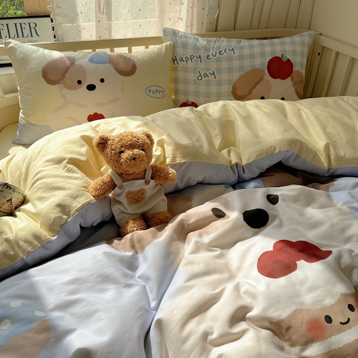 91家纺网 家纺一手货源 找家纺 美乐迪家纺 2025新款大版全棉套件四件套 蛋糕小狗