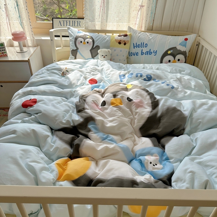 91家纺网 家纺一手货源 找家纺 美乐迪家纺 2025新款大版全棉套件四件套 企鹅