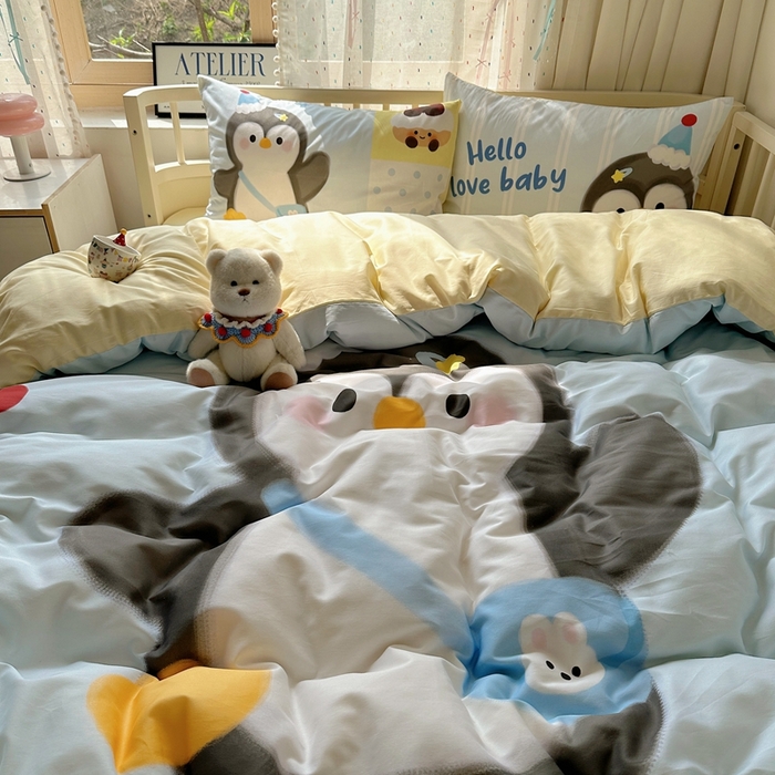 91家纺网 家纺一手货源 找家纺 美乐迪家纺 2025新款大版全棉套件四件套 企鹅