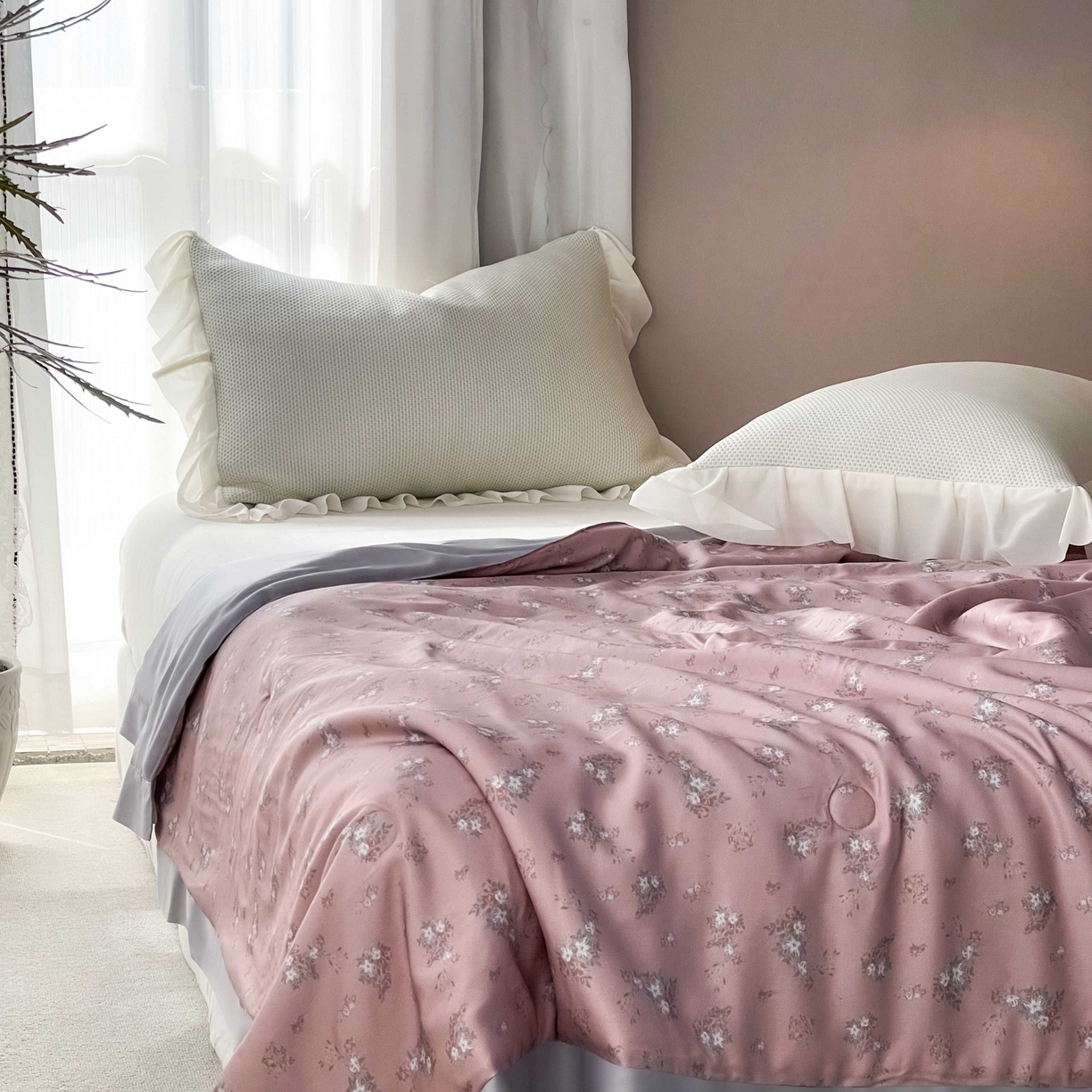 南通朵美纺织品有限公司 2025新款【DM】莫代尔印花小碎花夏被-风格二 时光（豆粉）