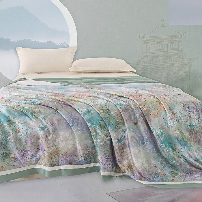 91家纺网 家纺一手货源 找家纺 薇玛仕 2025新款100支兰精天丝数码印花可水洗蚕丝夏凉被空调被 维多利亚 蓝