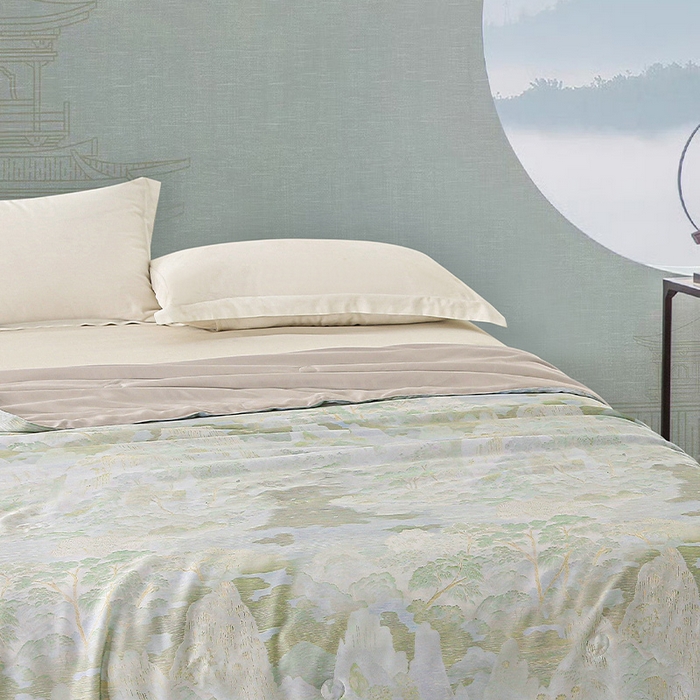 91家纺网 家纺一手货源 找家纺 薇玛仕 2025新款100支兰精天丝数码印花可水洗蚕丝夏凉被空调被 伊芙琳 绿