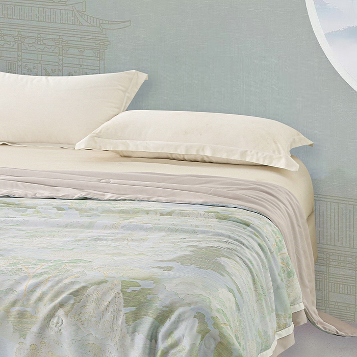 91家纺网 家纺一手货源 找家纺 薇玛仕 2025新款100支兰精天丝数码印花可水洗蚕丝夏凉被空调被 伊芙琳 绿