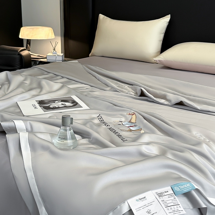 91家纺网 家纺一手货源 找家纺 薇玛仕 2025新款绣花款80支兰精天丝可水洗蚕丝夏凉被空调被 清雅灰