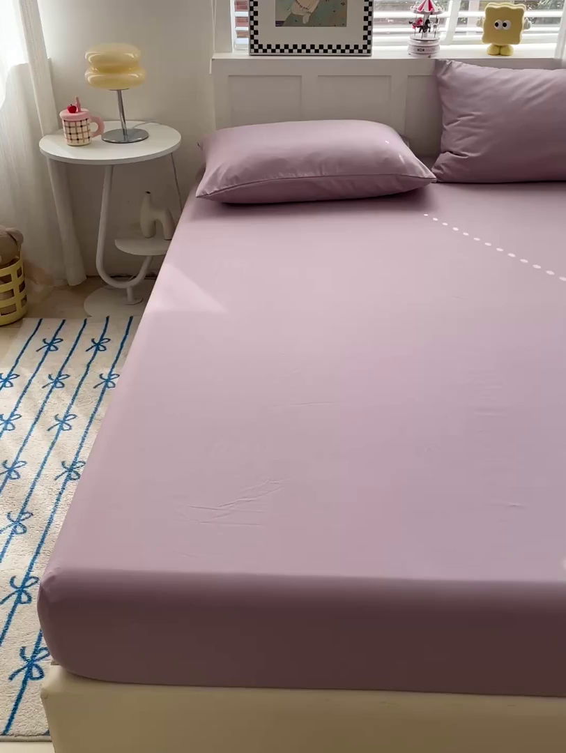 91家纺网 家纺一手货源 找家纺 朵朵家纺 2025新款水洗双层纱纯色糖果色床笠跨境系列（床垫保护套） 暗紫