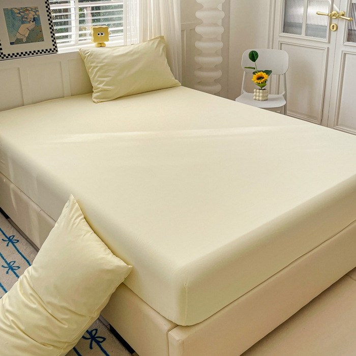 91家纺网 家纺一手货源 找家纺 朵朵家纺 2025新款水洗双层纱纯色糖果色床笠跨境系列（床垫保护套） 奶黄