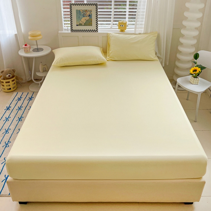 91家纺网 家纺一手货源 找家纺 朵朵家纺 2025新款水洗双层纱纯色糖果色床笠跨境系列（床垫保护套） 奶黄