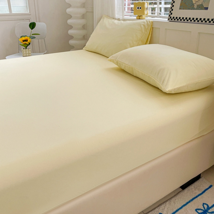 91家纺网 家纺一手货源 找家纺 朵朵家纺 2025新款水洗双层纱纯色糖果色床笠跨境系列（床垫保护套） 奶黄