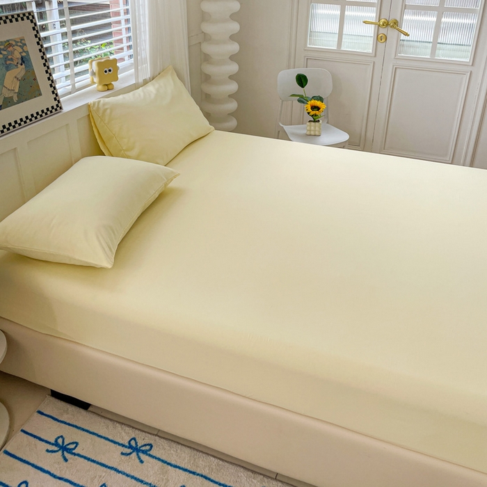 91家纺网 家纺一手货源 找家纺 朵朵家纺 2025新款水洗双层纱纯色糖果色床笠跨境系列（床垫保护套） 奶黄