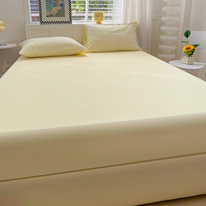 91家纺网 家纺一手货源 找家纺 朵朵家纺 2025新款水洗双层纱纯色糖果色床笠跨境系列（床垫保护套） 奶黄