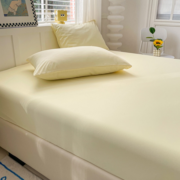 91家纺网 家纺一手货源 找家纺 朵朵家纺 2025新款水洗双层纱纯色糖果色床笠跨境系列（床垫保护套） 奶黄