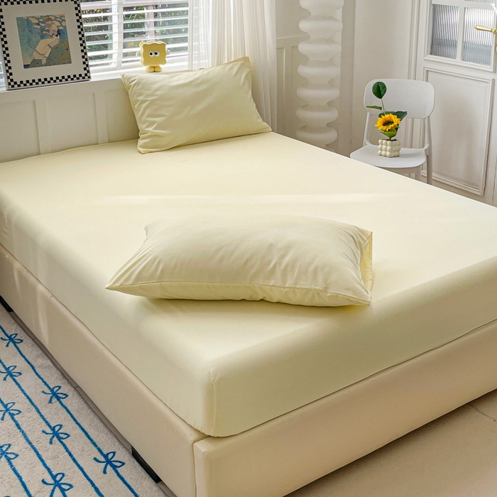 91家纺网 家纺一手货源 找家纺 朵朵家纺 2025新款水洗双层纱纯色糖果色床笠跨境系列（床垫保护套） 奶黄