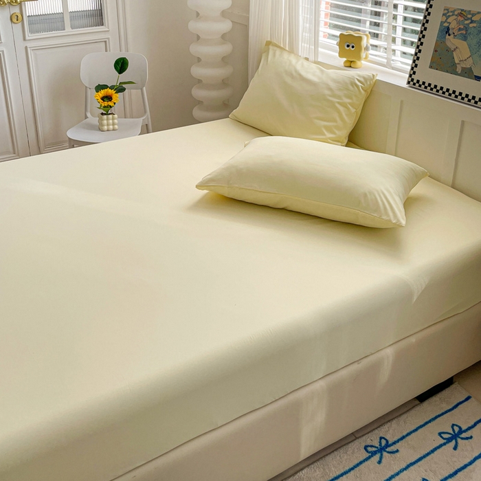 91家纺网 家纺一手货源 找家纺 朵朵家纺 2025新款水洗双层纱纯色糖果色床笠跨境系列（床垫保护套） 奶黄