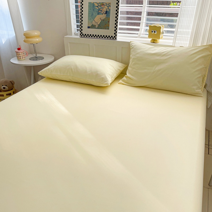 91家纺网 家纺一手货源 找家纺 朵朵家纺 2025新款水洗双层纱纯色糖果色床笠跨境系列（床垫保护套） 奶黄