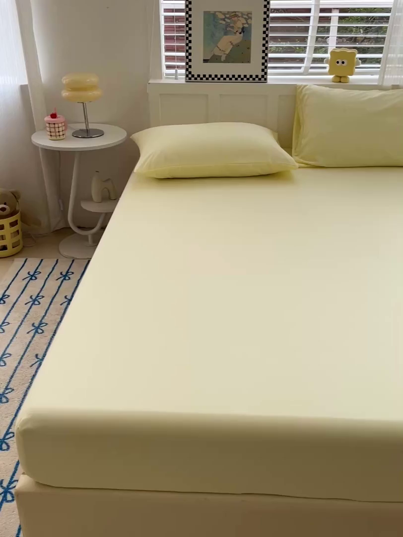 91家纺网 家纺一手货源 找家纺 朵朵家纺 2025新款水洗双层纱纯色糖果色床笠跨境系列（床垫保护套） 奶黄