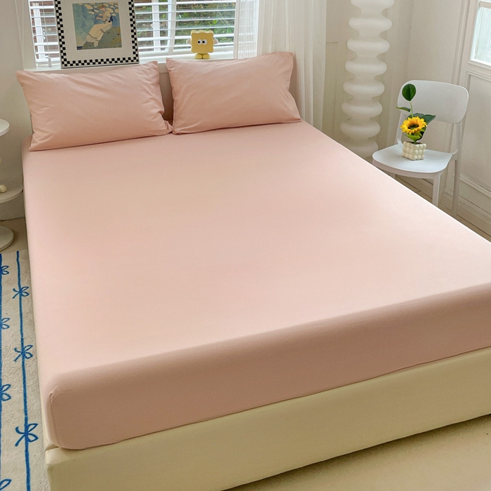 91家纺网 家纺一手货源 找家纺 朵朵家纺 2025新款水洗双层纱纯色糖果色床笠跨境系列（床垫保护套） 浅粉