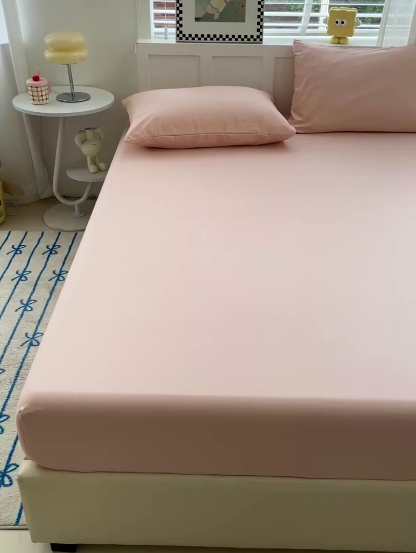 91家纺网 家纺一手货源 找家纺 朵朵家纺 2025新款水洗双层纱纯色糖果色床笠跨境系列（床垫保护套） 浅粉