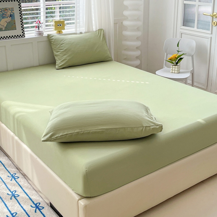 91家纺网 家纺一手货源 找家纺 朵朵家纺 2025新款水洗双层纱纯色糖果色床笠跨境系列（床垫保护套） 浅绿