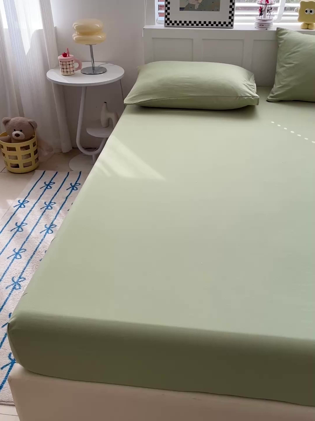91家纺网 家纺一手货源 找家纺 朵朵家纺 2025新款水洗双层纱纯色糖果色床笠跨境系列（床垫保护套） 浅绿