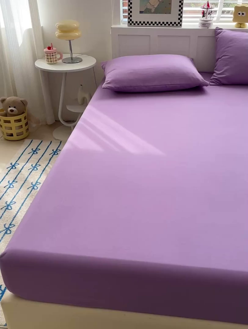 91家纺网 家纺一手货源 找家纺 朵朵家纺 2025新款水洗双层纱纯色糖果色床笠跨境系列（床垫保护套） 深紫