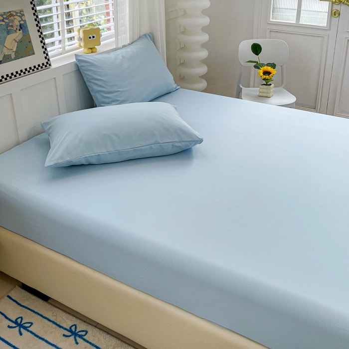 91家纺网 家纺一手货源 找家纺 朵朵家纺 2025新款水洗双层纱纯色糖果色床笠跨境系列（床垫保护套） 天蓝